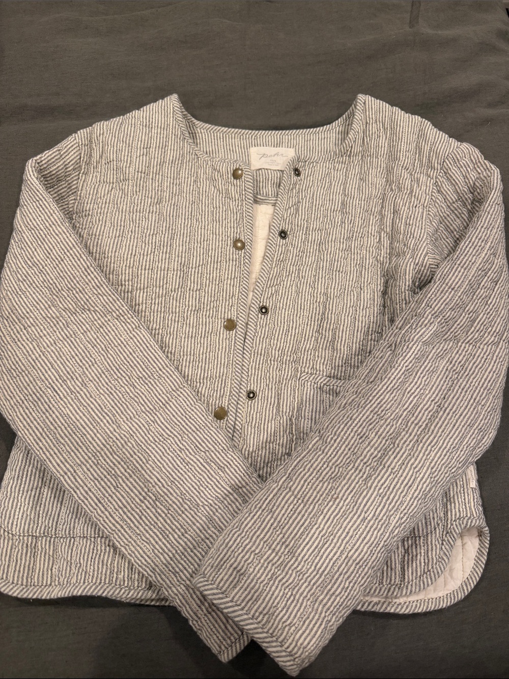 Light Blue and White Striped Quilted Snap Jacket